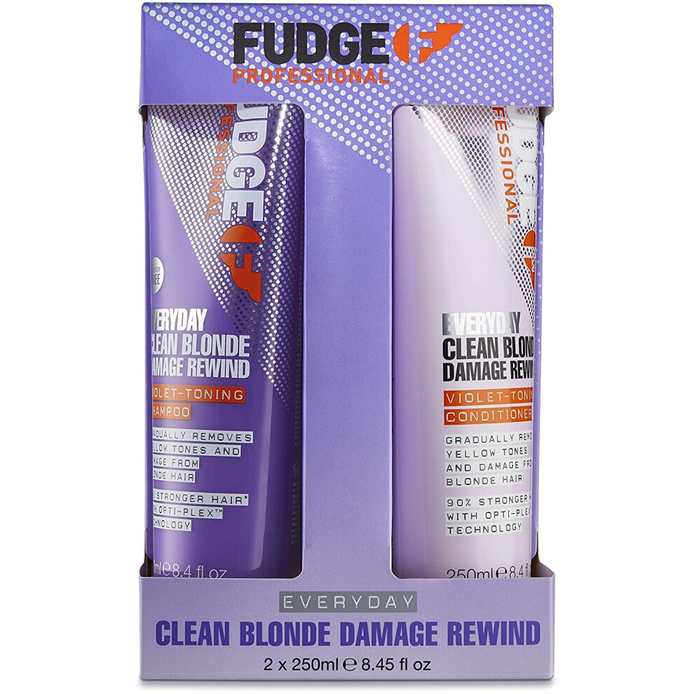 Fudge Professional Purple Shampoo and Conditioner, Everyday Clean Blonde Damage Rewind Gradual Toning Duo for Blonde Hair, 250ml