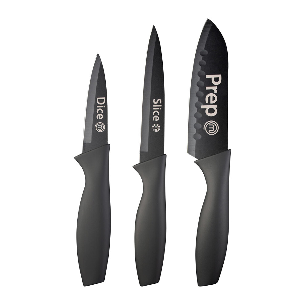 MasterChef Kitchen Knives Set of 3 Professional, Extra Sharp Stainless Steel Paring, Utility & Chef Knife With Non Stick Coating & Soft Touch Grip, 3