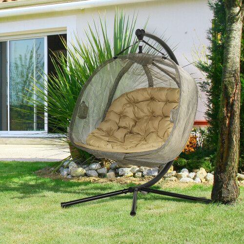 Outsunny Outsunny Double Hanging Egg Chair 2 Seaters Swing Hammock Brown 2