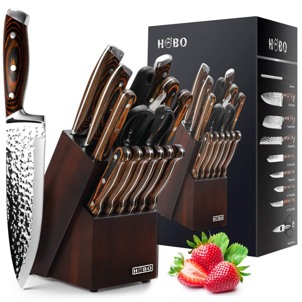 Knife Sets, 15-Piece Japanese Knife Set Kitchen Knife Set with Block Wooden, HOBO Chef Knife Set with Sharpener, Japan High Carbon Stainless Steel Kni