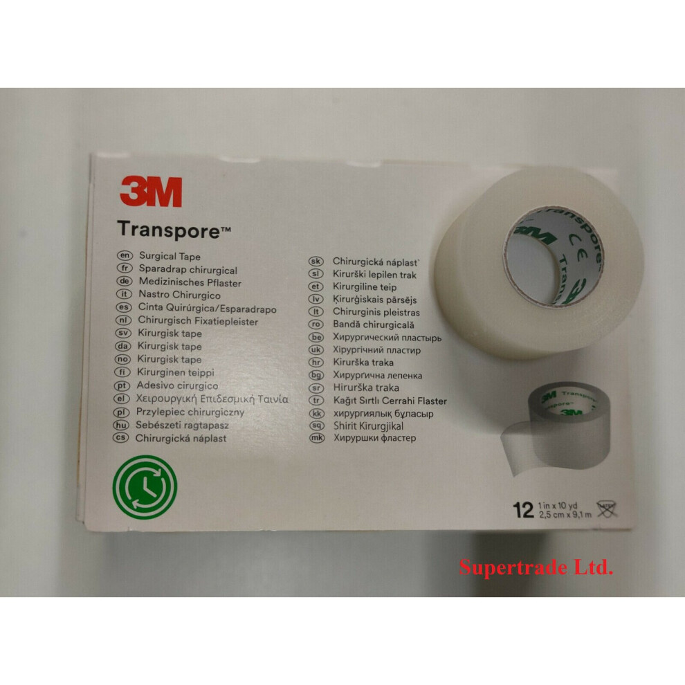 Transpore 3M Medical Surgical Tape Plastic 2.5 Cm X 9.1 M Waterproof - 12 Rolls