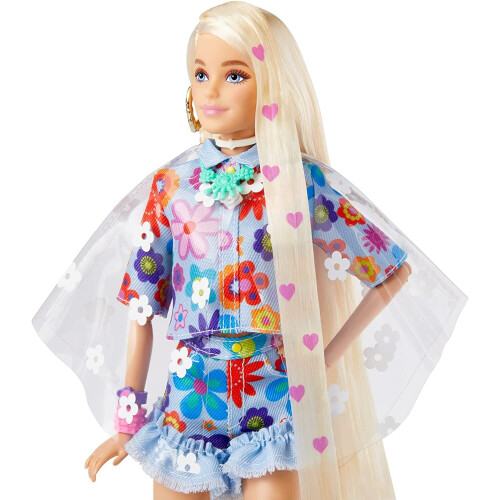 Barbie Barbie Extra Κούκλα με Μακριά Ξανθά Μαλλιά, Λουλουδάτο Ρούχο & Πόντσο με Καναρινάκι 1