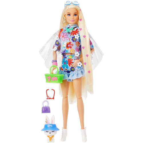 Barbie Barbie Extra Κούκλα με Μακριά Ξανθά Μαλλιά, Λουλουδάτο Ρούχο & Πόντσο με Καναρινάκι 2