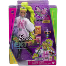 Poup  e Barbie Extra et accessoires Barbie avec cheveux vert fluo, boa en plumes et perroquet de compagnie