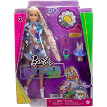 Barbie Extra Doll and Accessoires avec des cheveux blonds extra-longs portant une tenue florale et un poncho avec un lapin pour animaux de compag