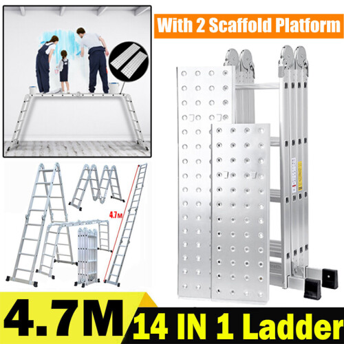 4.7M Heavy Duty Multi-Purpose Folding Aluminium Ladder w/2 Platform 1