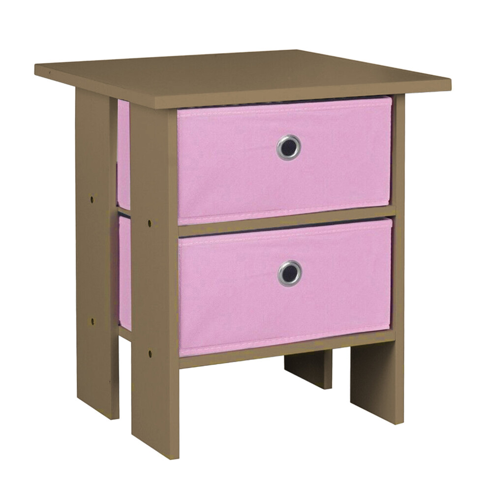 (Oak, Pink) 2 Drawer Wooden Bedside Table Living Room Cabinet