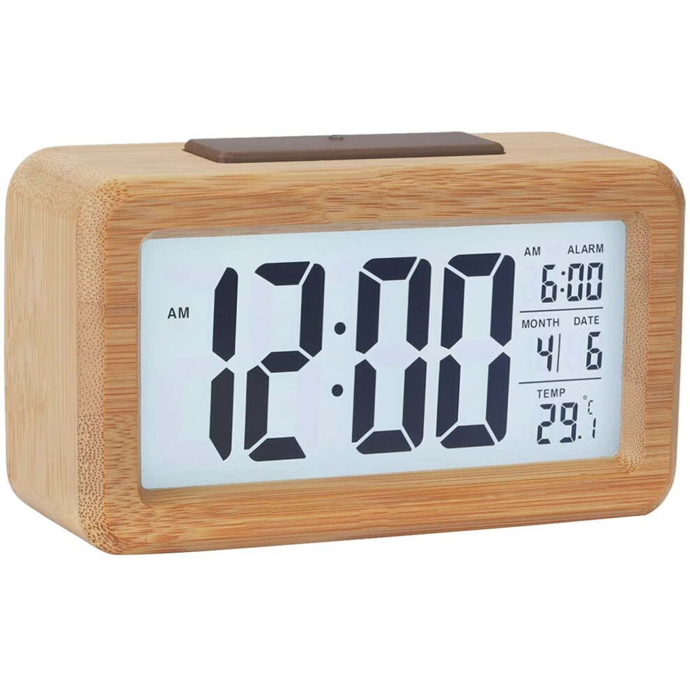 GINZER Wooden Digital Alarm Clock, Large LED Display Wood Grain Alarm Clock, Smart Sensor Night Light, Snooze and Temperature, Battery Operated, Cuboi