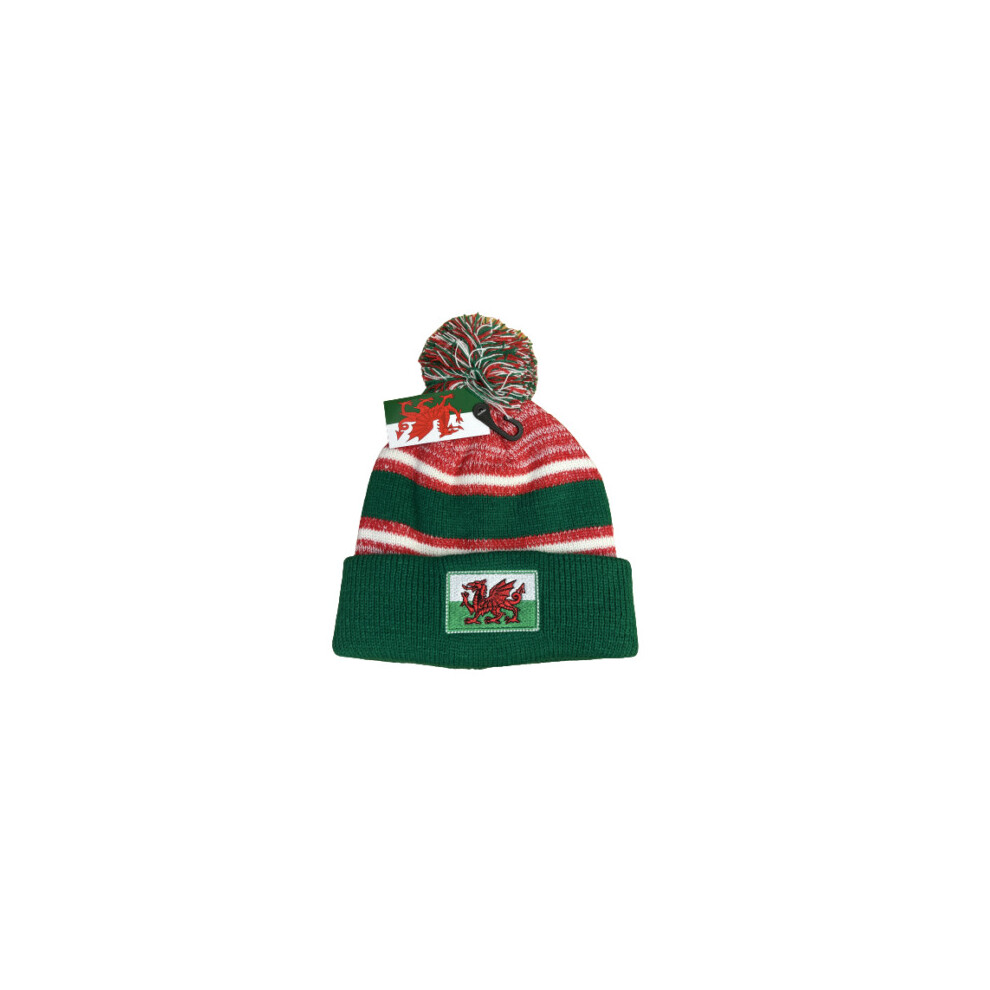 (BIG GREEN STRIPE) New Unisex Wales Welsh Cymru Warm Winter Football Rugby Bobble Hats