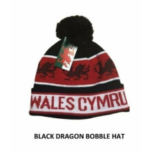 (BLACK DRAGON BOBBLE) New Unisex Wales Welsh Cymru Warm Winter Football Rugby Bobble Hats