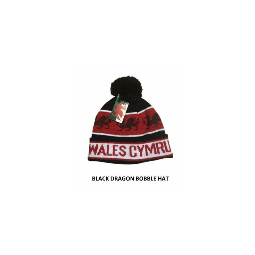 Gimbles® (Black Dragon Bobble) New Unisex Wales Welsh Cymru Warm Winter Football Rugby Bobble Hats Multicoloured