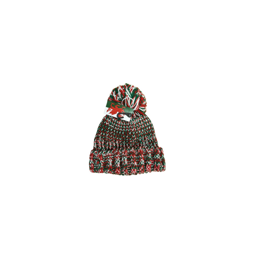 (RED GREEN WHITE FLECK 1) New Unisex Wales Welsh Cymru Warm Winter Football Rugby Bobble Hats