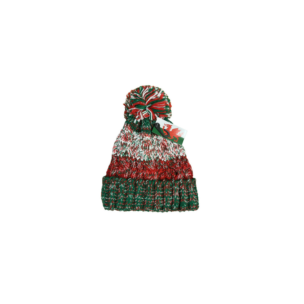 (RED GREEN WHITE FLECK 2) New Unisex Wales Welsh Cymru Warm Winter Football Rugby Bobble Hats