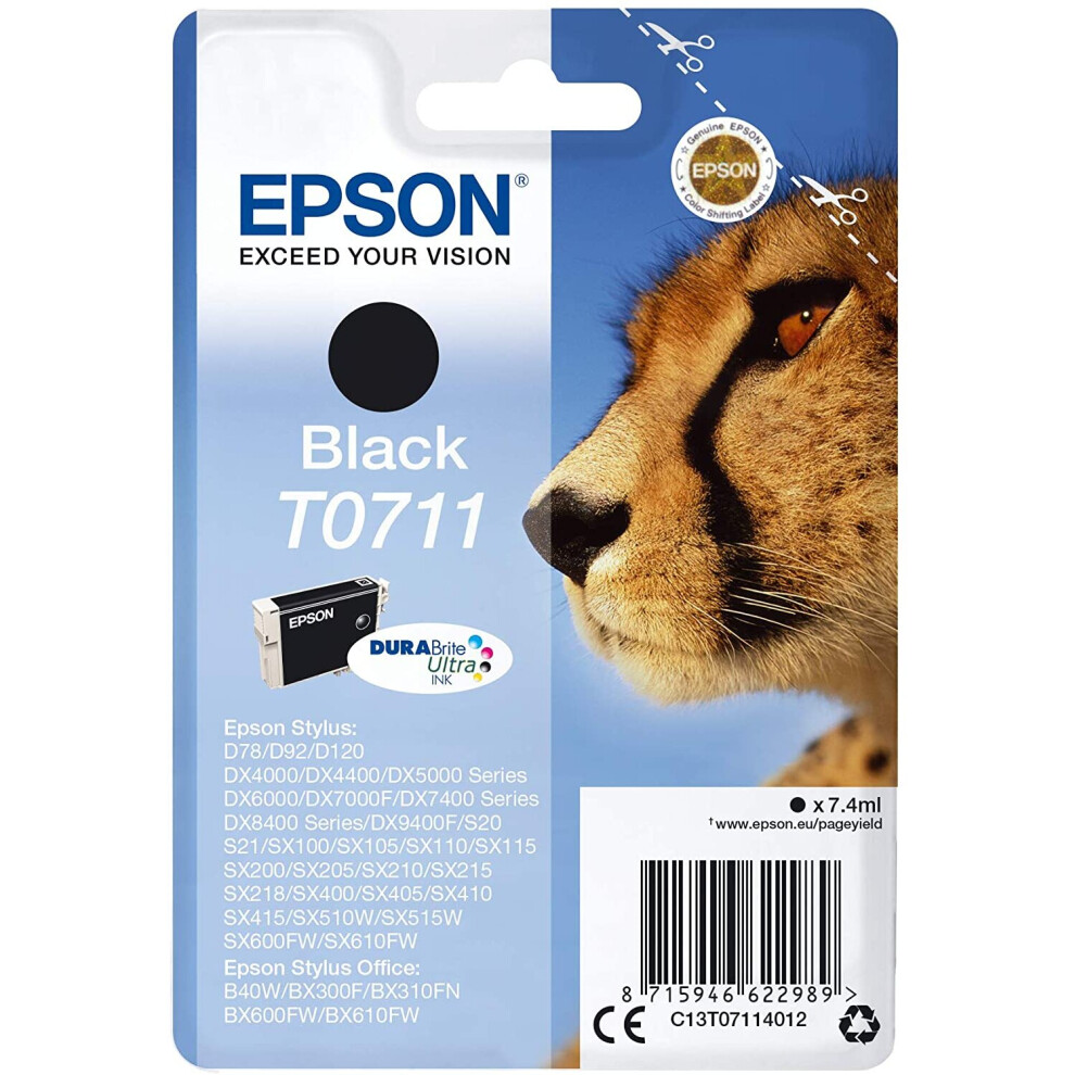 Epson T0711 Cheetah Black, Genuine, DURABrite Ultra Ink