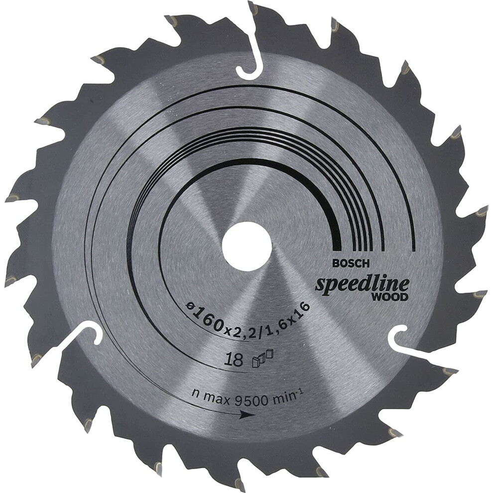 Bosch 2608640785 Speedline Wood Circular Hand Saw Blade, 160mm x 2.4mm x 16mm, 18 Teeth, Silver