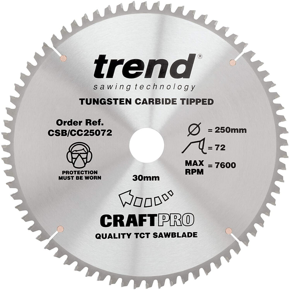 Trend Csb/Cc25072 Craft Pro Negative Hook Crosscutting Tct Circular Blade For Table/Mitre Saws, 250Mm X 72 Teeth X 30Mm Bore, Tungsten Carbide Tipped 5027654032824