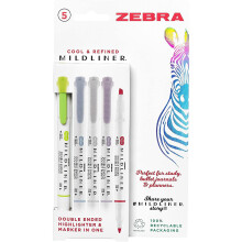 Zebra Pen Mildliner Double Ended Highlighter, Broad and Fine Point Tips, Assorted Cool and Refined Ink Colors, 5-Pack, multicolor, 2690