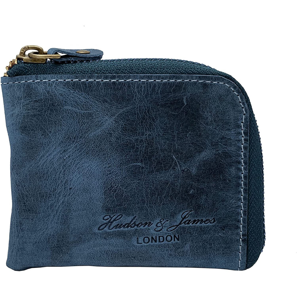 Designer Hudson & James London Real Leather Small Zippered Mens Women Wallet Slim Wallet Credit Carder Holder Purse with Gift Box (Distressed Blue)