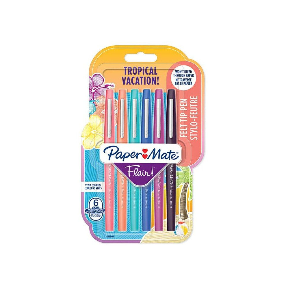 Paper Mate Flair Felt Tip Pens | Medium Tip (0.7 mm) | Tropical Vacation Colours | 6 Count