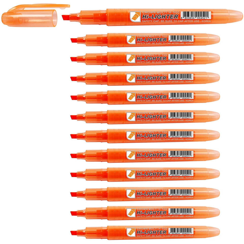 CROWN H-500 Highlighter Pens Chisel Tip Slim Highlighters - Pack Of 12 - With Bright Fluorescent Ink - Orange