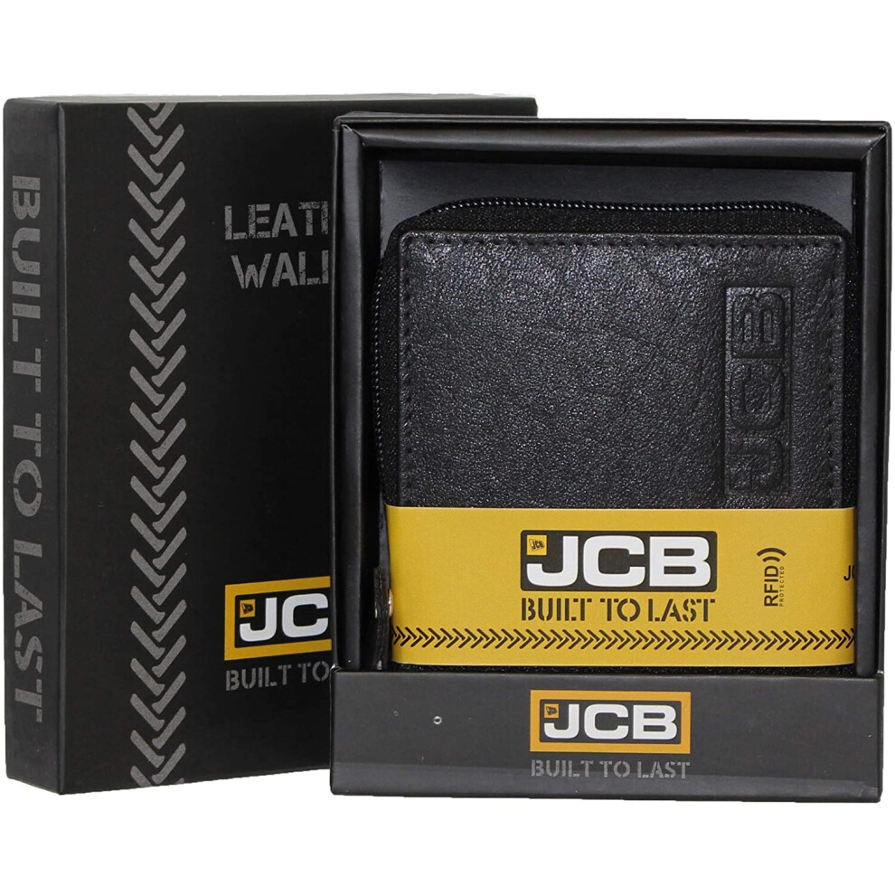 JCB - Mens RealLeather Wallet JCB RFID Wallet Coin Purse ID Holder Zip Wallet (Large, Black)