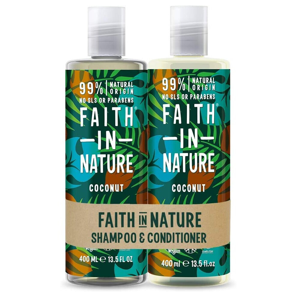 Faith In Nature Natural Coconut Shampoo and Conditioner Set, Hydrating, Vegan and Cruelty Free, No SLS or Parabens, For Normal to Dry Hair, 2 x 400 ml