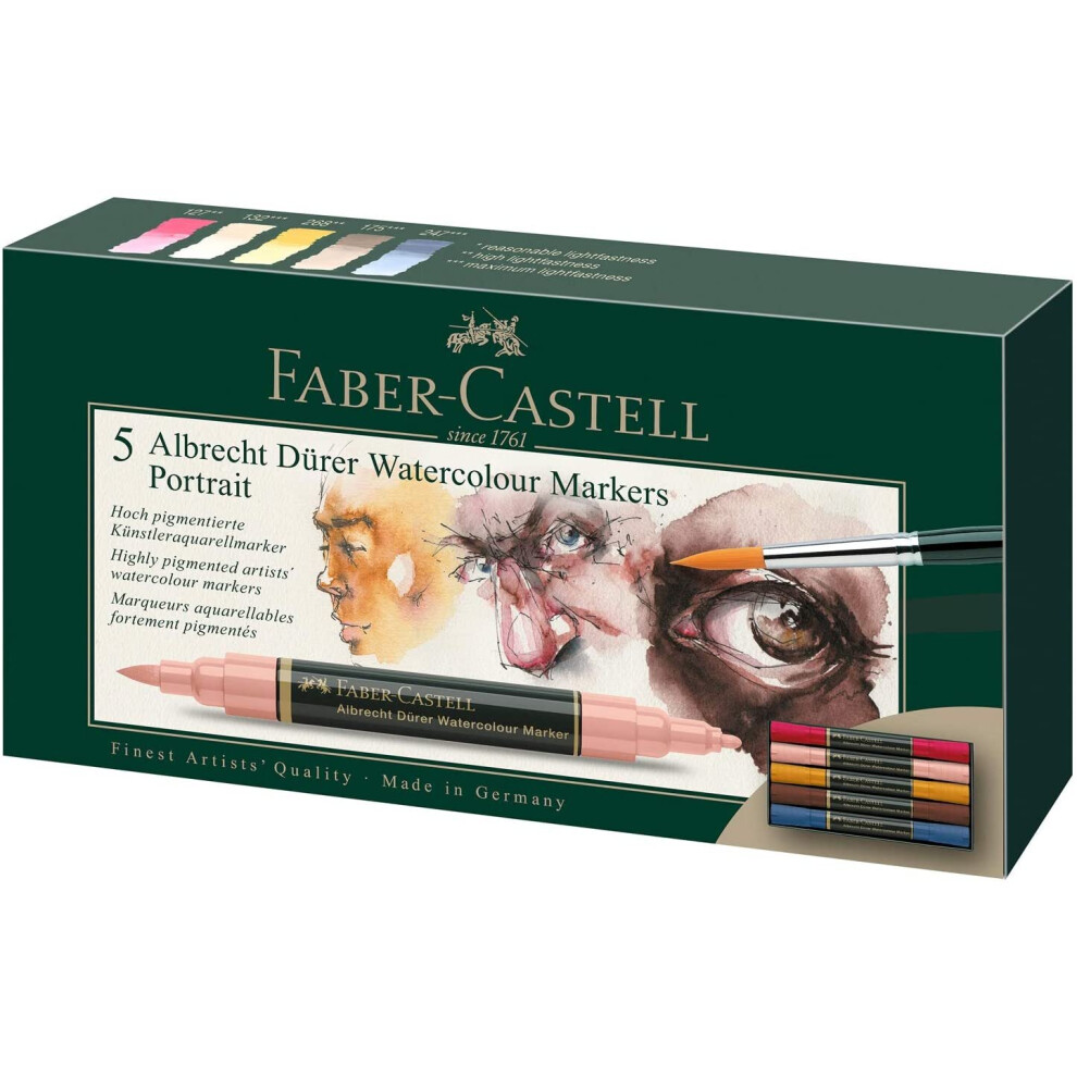 Faber-Castell Albrecht Dürer 160307 Watercolour Marker with Double Tip for Flat and Precise Colour Application Pack of 5 Portrait