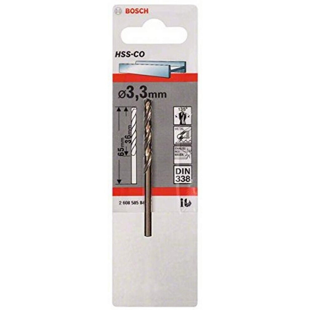 Bosch Professional 2608585844, HSS-Co Metal Drill Bit (stainless steel, 3.3 x 36 x 65 mm, accessory drill driver), Gold