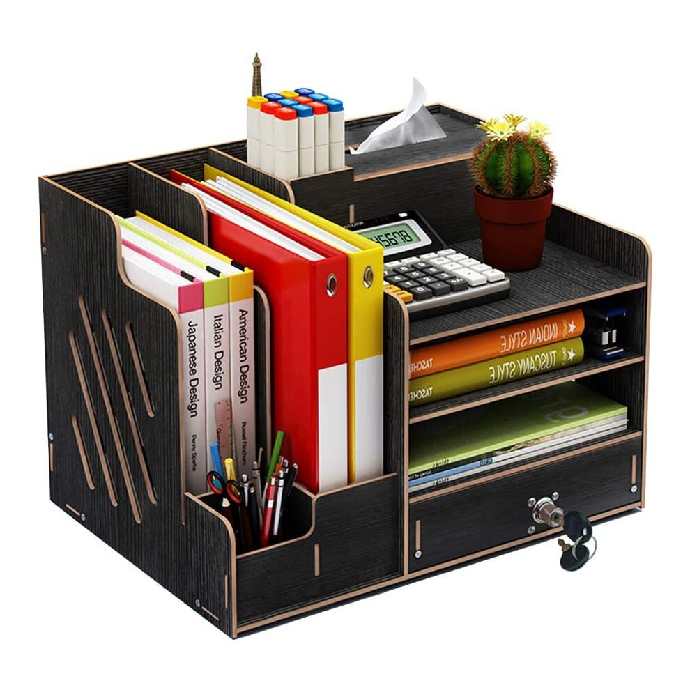 Wooden Desk Organizer, Large Capacity DIY Office Supplies Storage Holder File Rack Paper Document Magazine Holder Sorter with Drawer, Pen Holder Box (-image-OPC-P8TJTP8-NEW