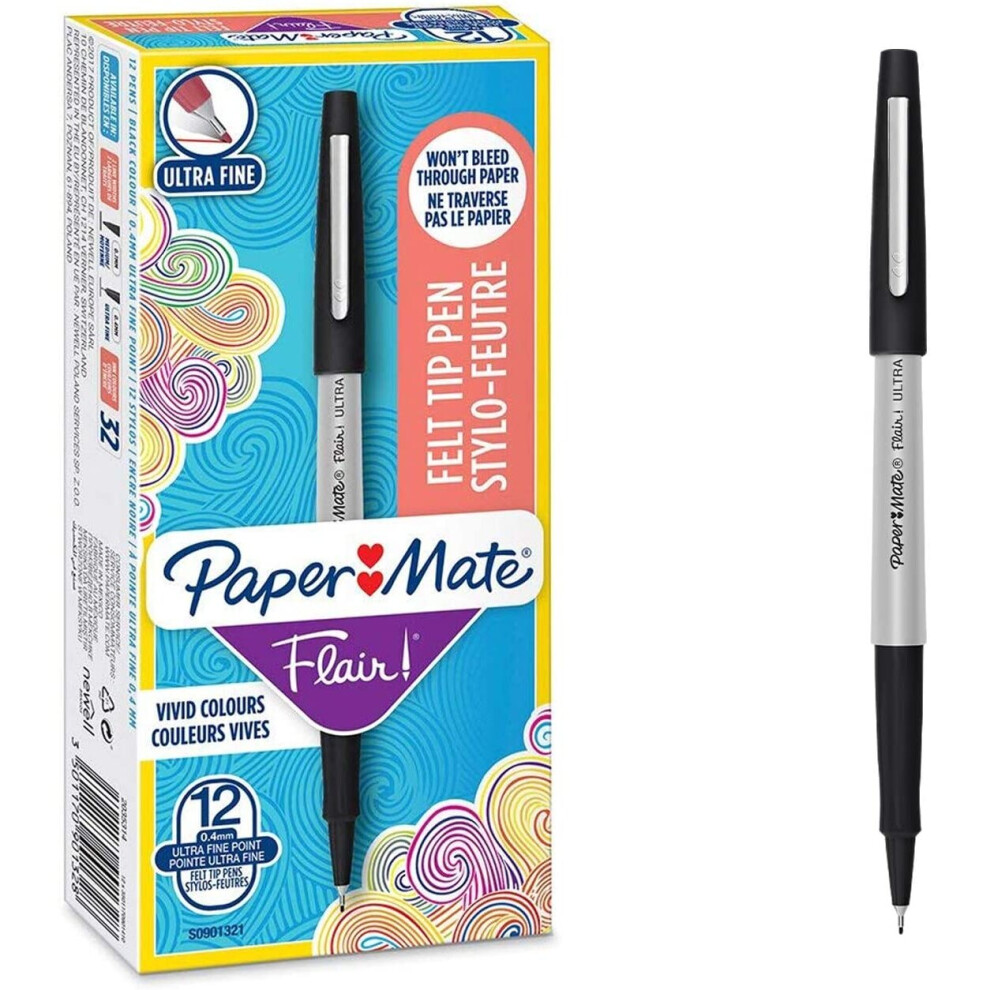 Paper Mate Flair Felt Tip Pens | Ultra Fine Point (0.4mm) | Black | 12 Count