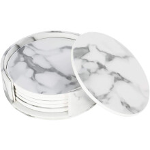 lovingmona Marble Coasters Set of 6 White Coasters for Drink with Holder Round PU Leather Heat Resistant Cup Mats for Coffee Beer Tea Mug Wine Glass P