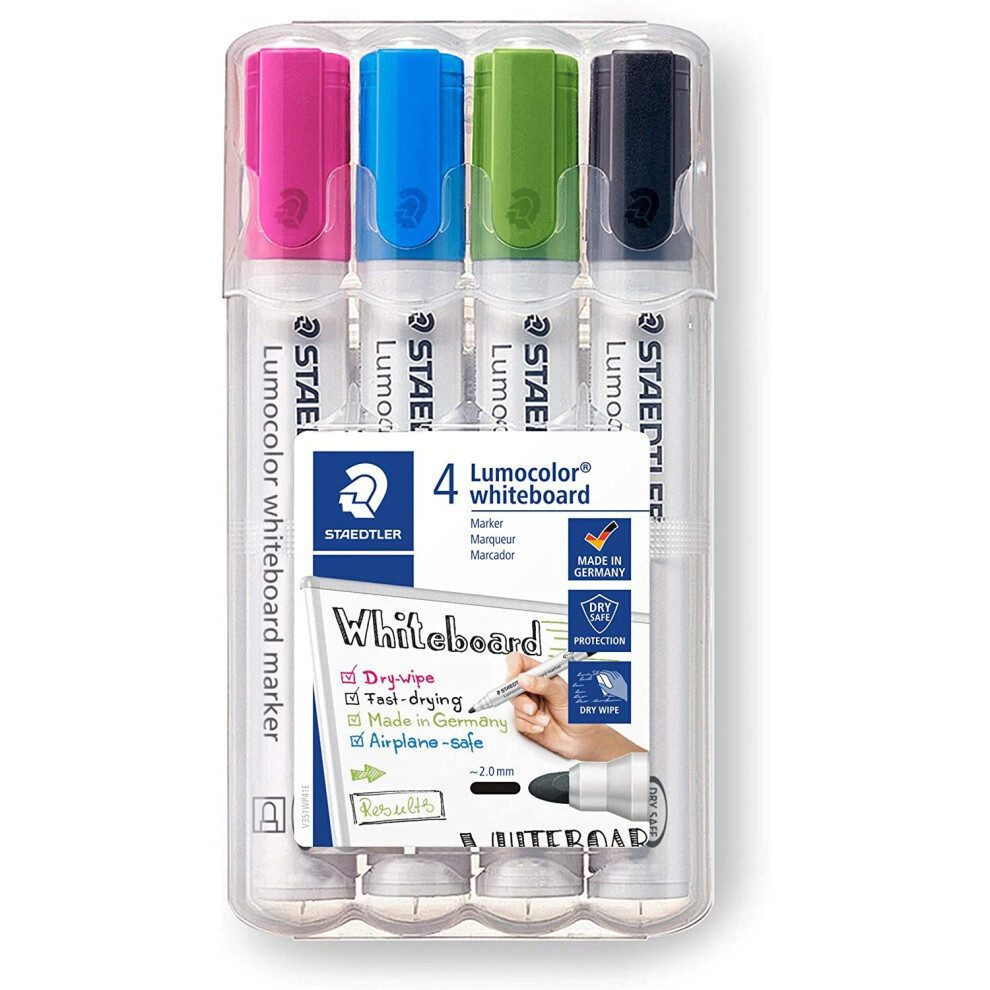 STAEDTLER 351 WP4-1 Lumocolor whiteboard markers, desktop box of 4 assorted colours, bullet tip
