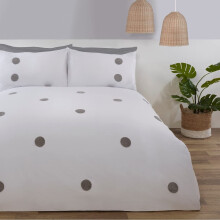 Sleepdown Embroidered Tufted Polka Dot Circles White Silver Luxury Soft Cosy Easy Care Duvet Cover Quilt Bedding Set with Pillowcases - King (230cm x