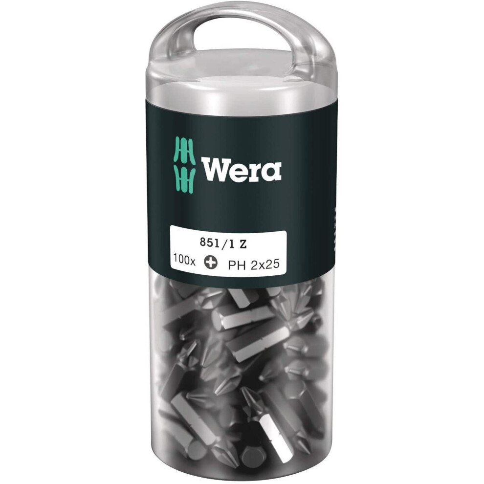 Wera 05072441001 DIY Bit 851/1Z for Phillips Screws PH 100 pcs PH2x25mm, Silver, PH2 / PZ2