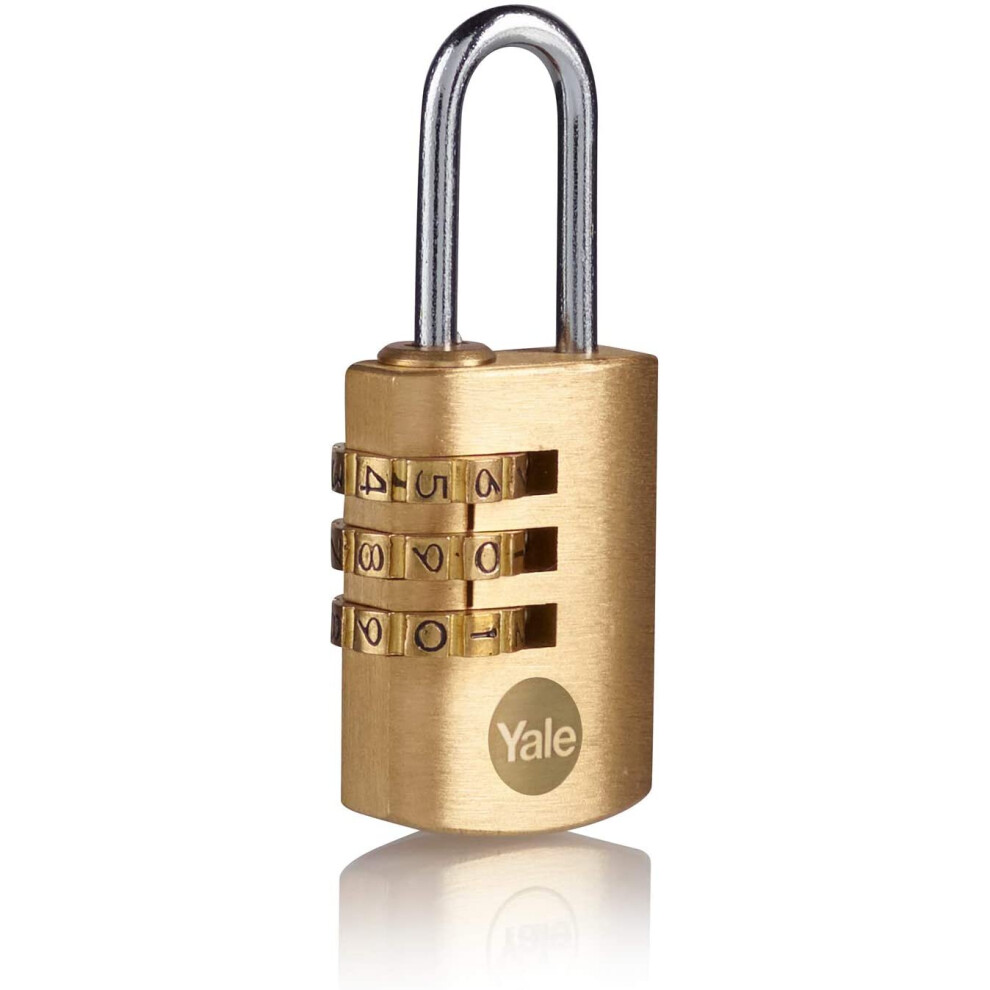 Yale Y150B/22/120/1- Brass Combination Padlock (22 mm) - Indoor Steel Shackle Lock for Backpack, Locker, Tool Box - 3 Dial Lock 1000 Combinations - St