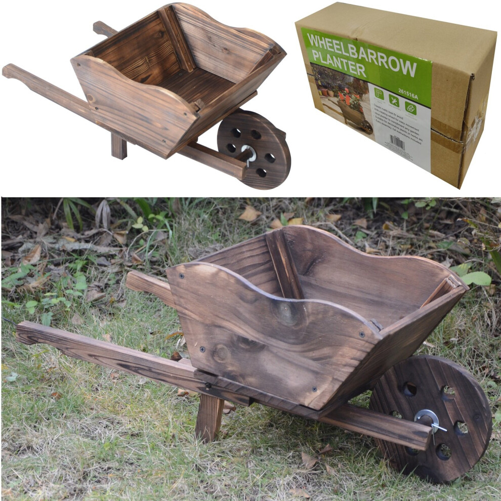 Wooden Wheel Barrow Planter Garden Plant Pot Stand Wood Raised Bed Flower Cart