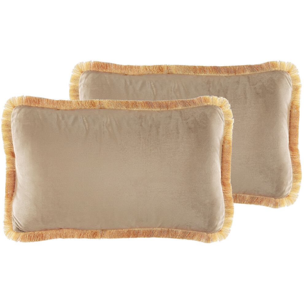 Set of 2 Fringed Velvet Cushions 30 x 50 cm Beige POTHOS