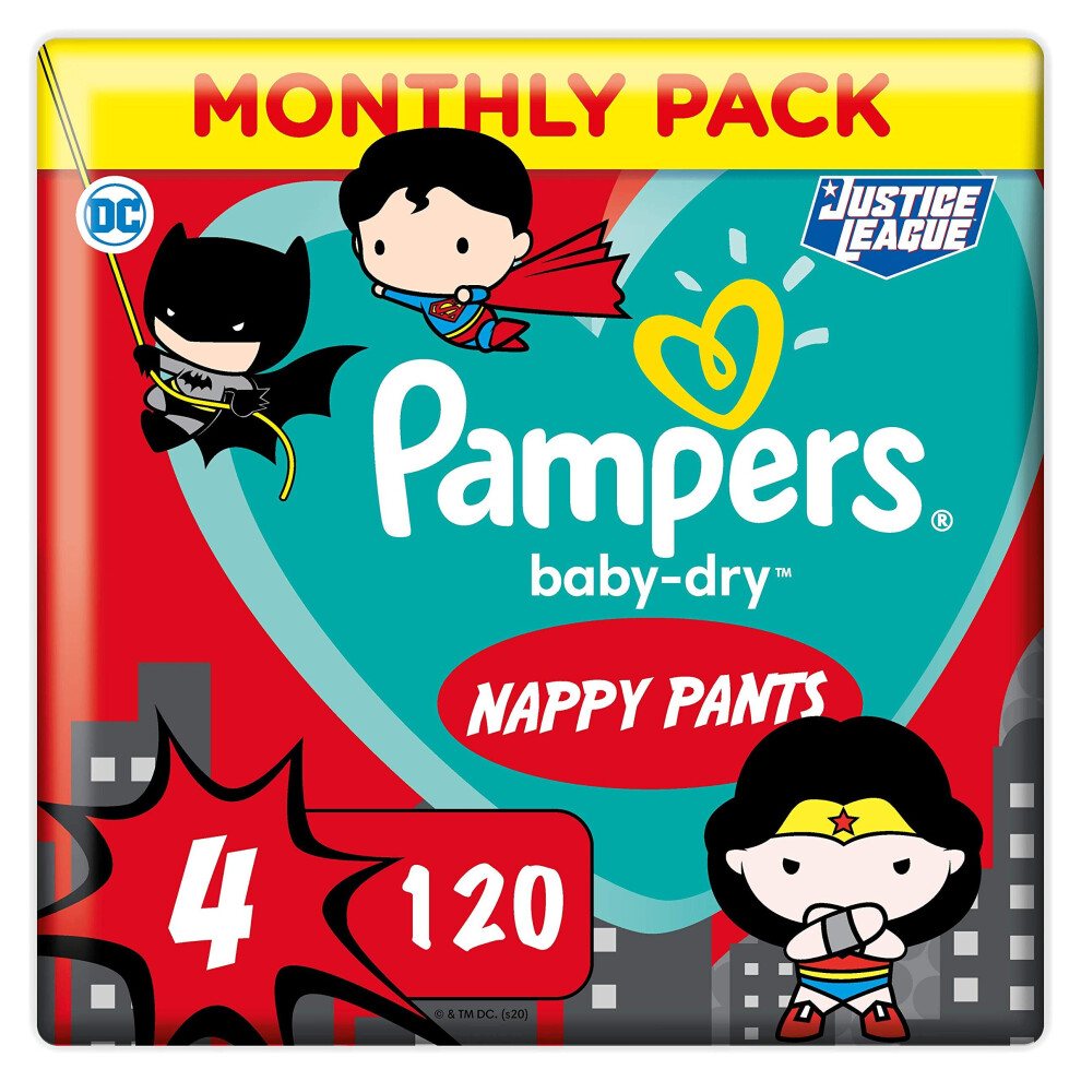 Pampers Baby Nappy Pants Size 4 (9-15 kg/20-33 Lb), Baby-Dry Superhero, 120 Count, MONTHLY SAVINGS PACK, Easy-Up Pull On Nappies