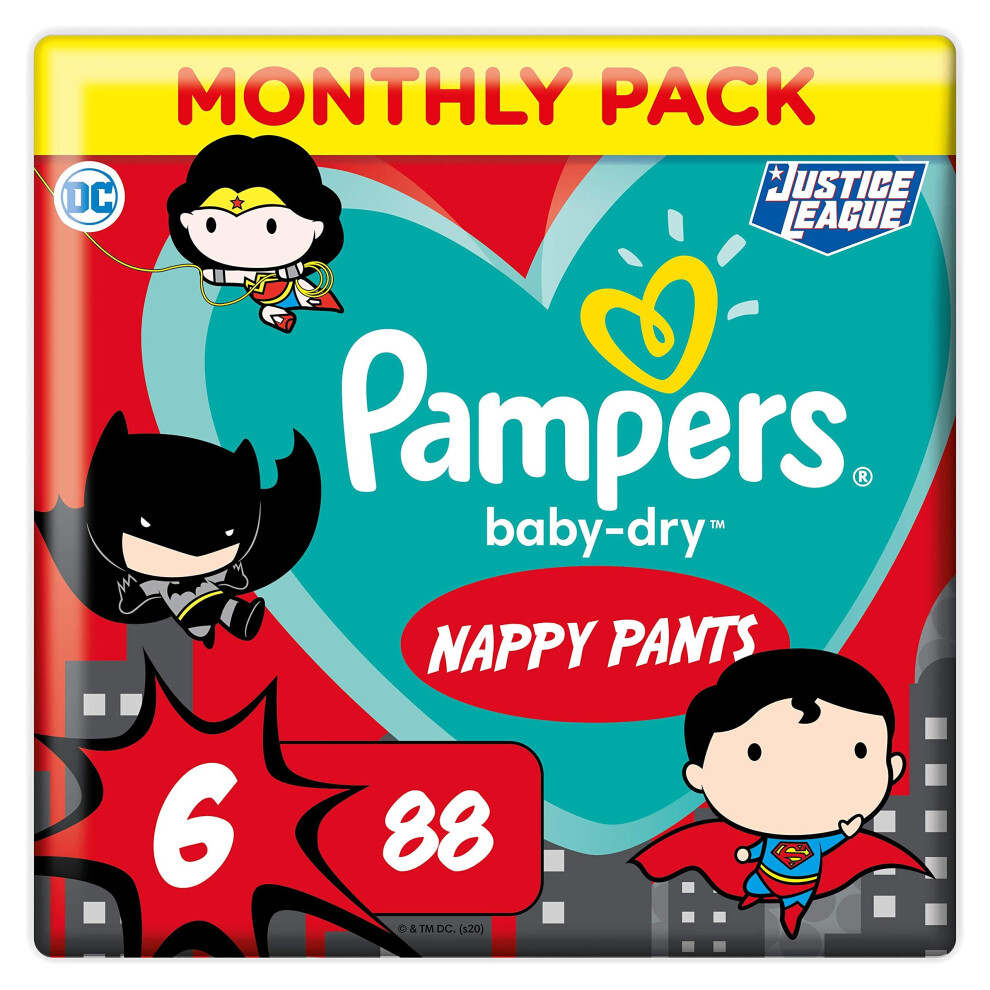 Pampers Baby Nappy Pants Size 6 (15+ Kg/33 Lb), Baby-Dry Superhero, 88 Count, Monthly Savings Pack, Easy-Up Pull On Nappies