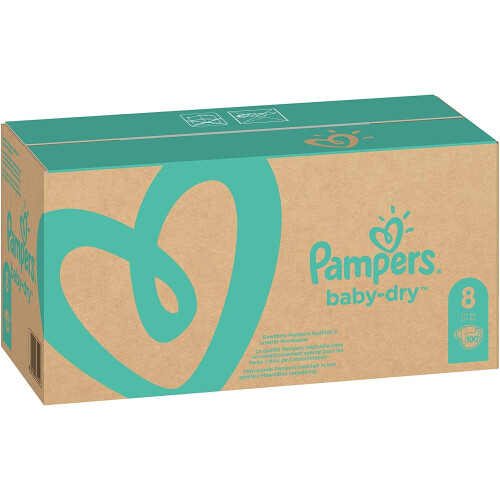 Pampers Baby Nappies Size 8 (17+ kg/37.5 Lb), BabyDry, 100 Count