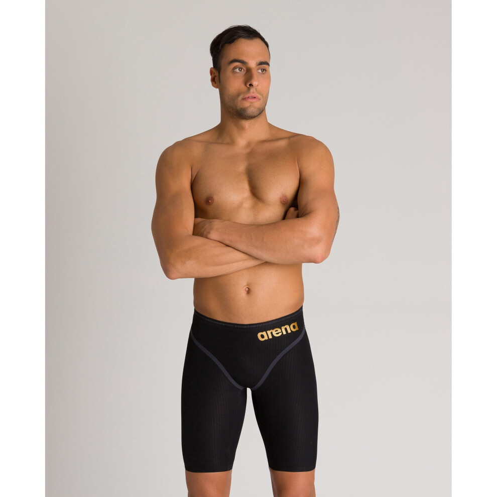 (22) Arena Race Men's Swimming Jammer Powerskin Carbon Core FX Shorts - Black / Gold