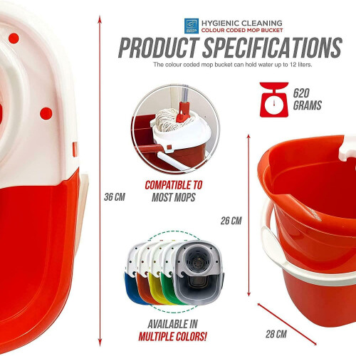 12L Red Mop Bucket with Removable Wringer - Colour-Coded for High-Risk Areas (Code 103969) 2