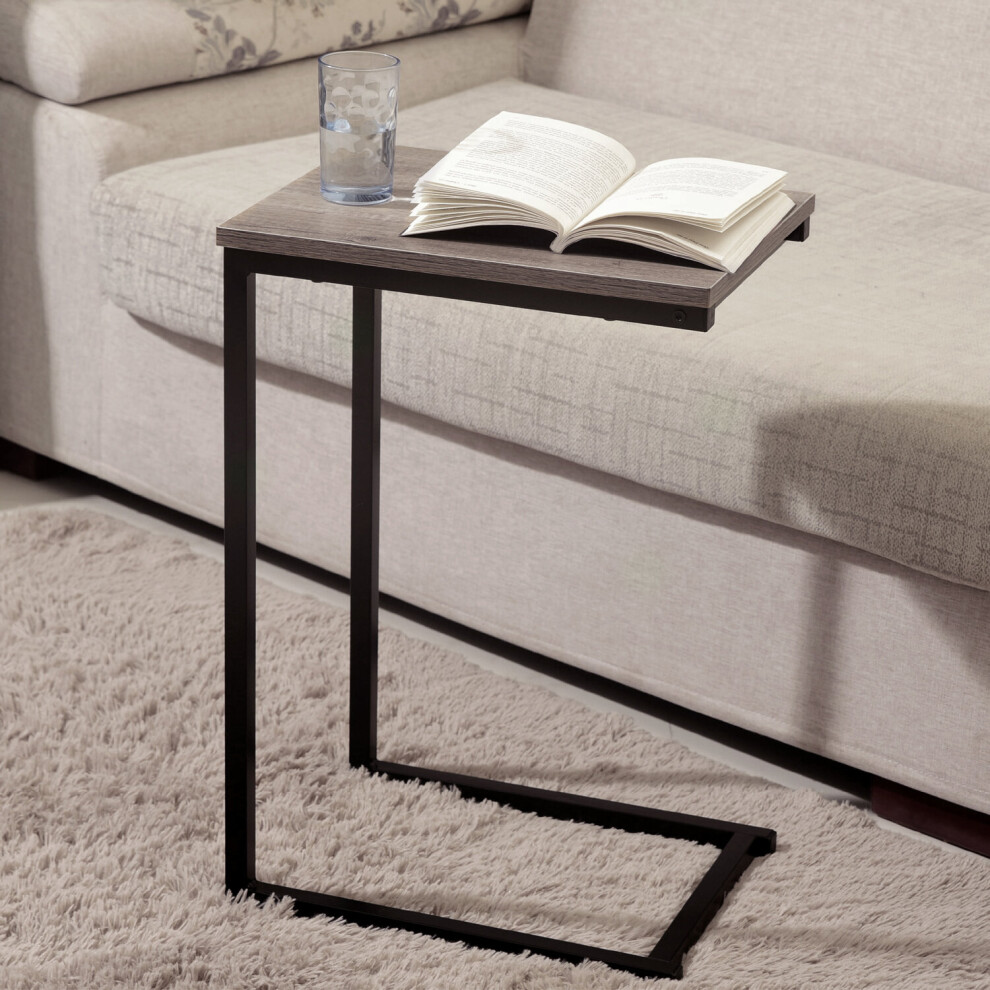 Metal C Shaped Side Table Black Powder Coating Rustic Top