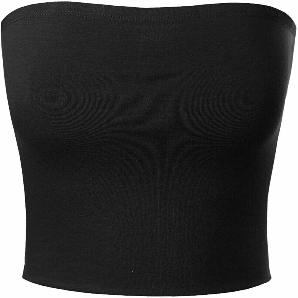 (Black, 6) New Ladies Women Plain Boob Tube Bandeau Crop Vest Top Strapless Bra UK Size 6 8 10 12