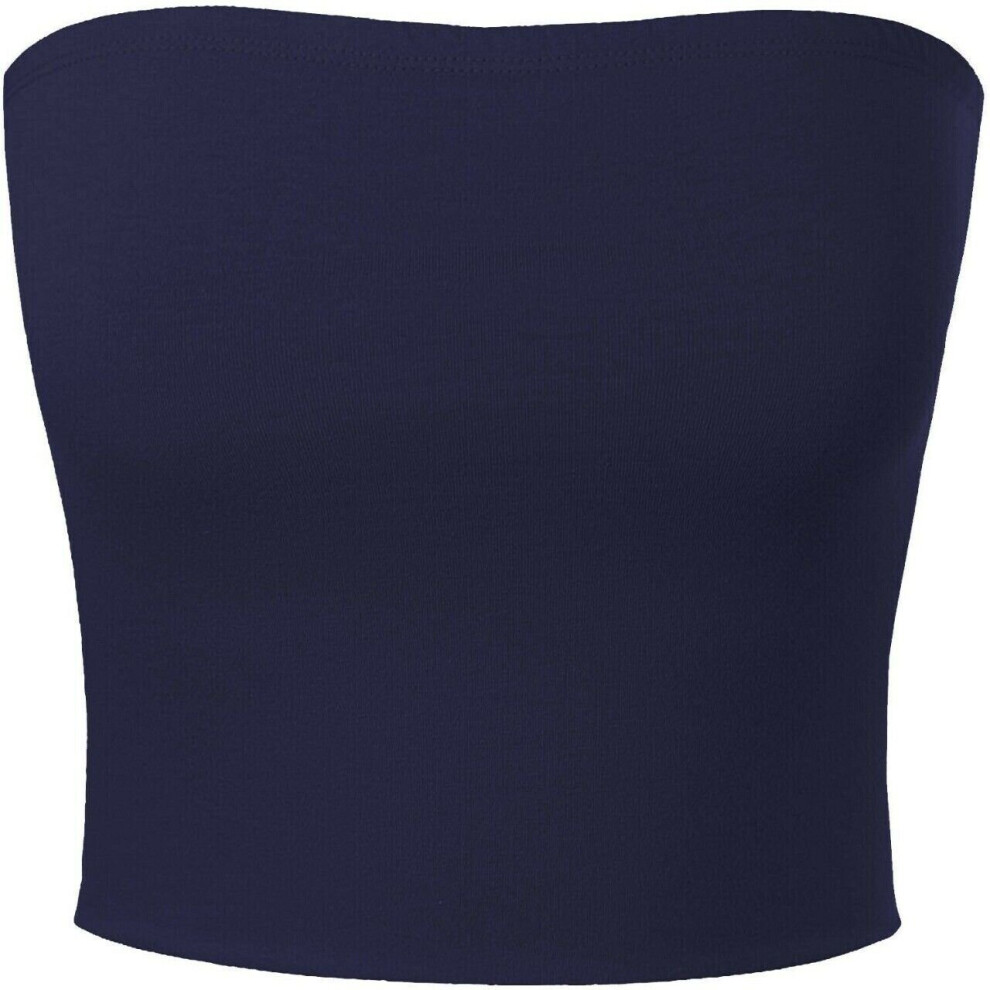 (Navy, 8) New Ladies Women Plain Boob Tube Bandeau Crop Vest Top Strapless Bra UK Size 6 8 10 12