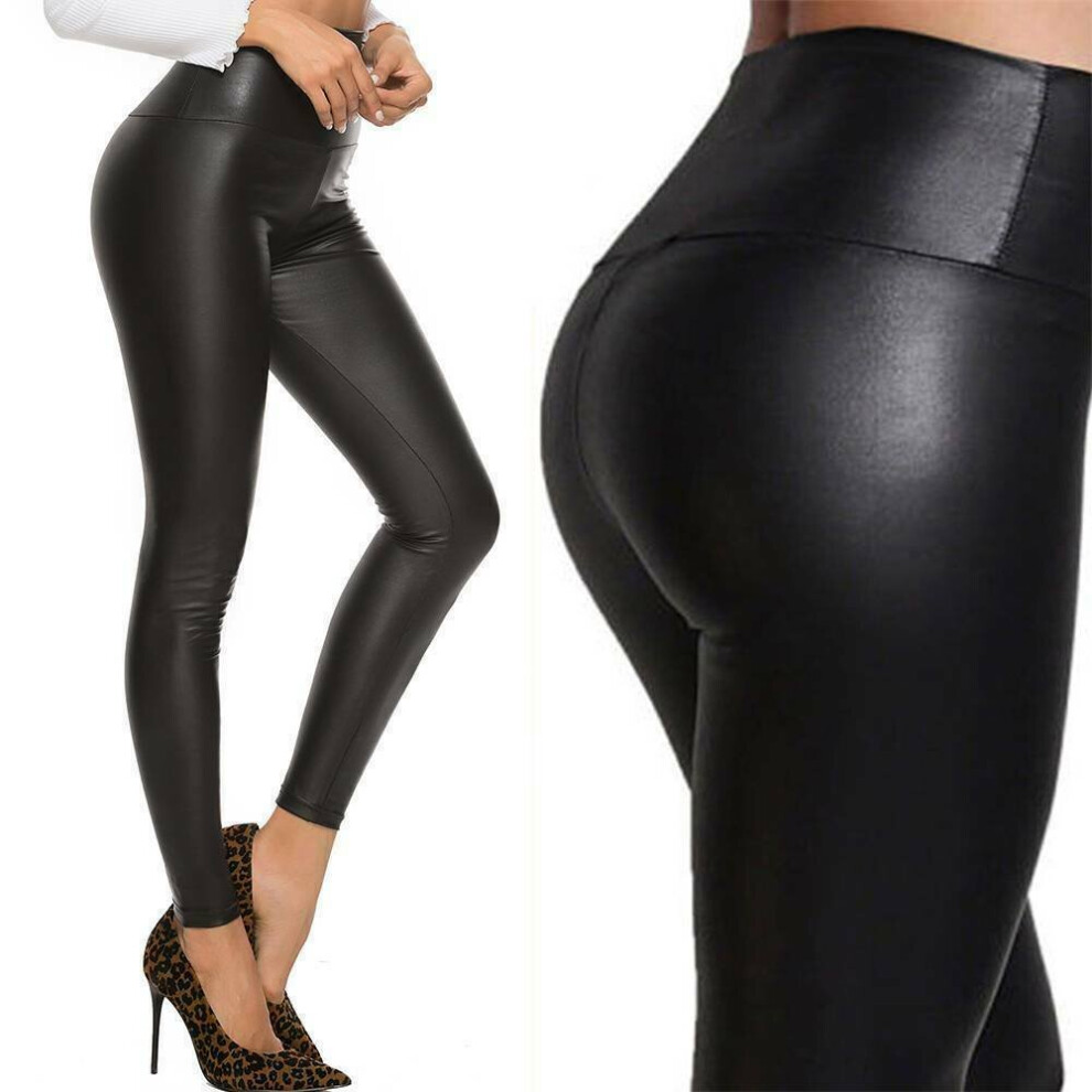 (Black, SM 8-10) New Ladies Wet Look PU Faux Leather High Waist Leggings Stretchy Biker Pants UK