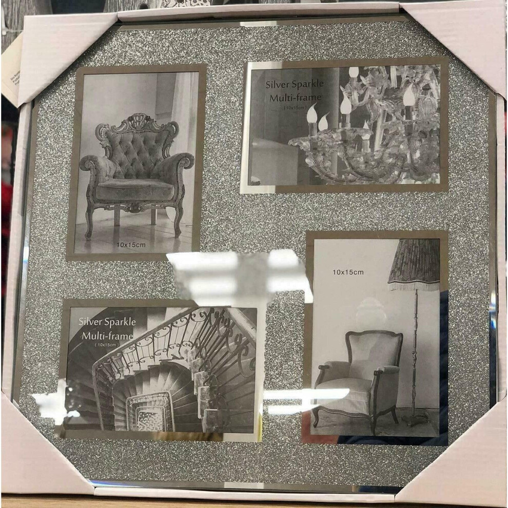 (4 Picture Frame) Crushed crystals photo frame silver mirrored