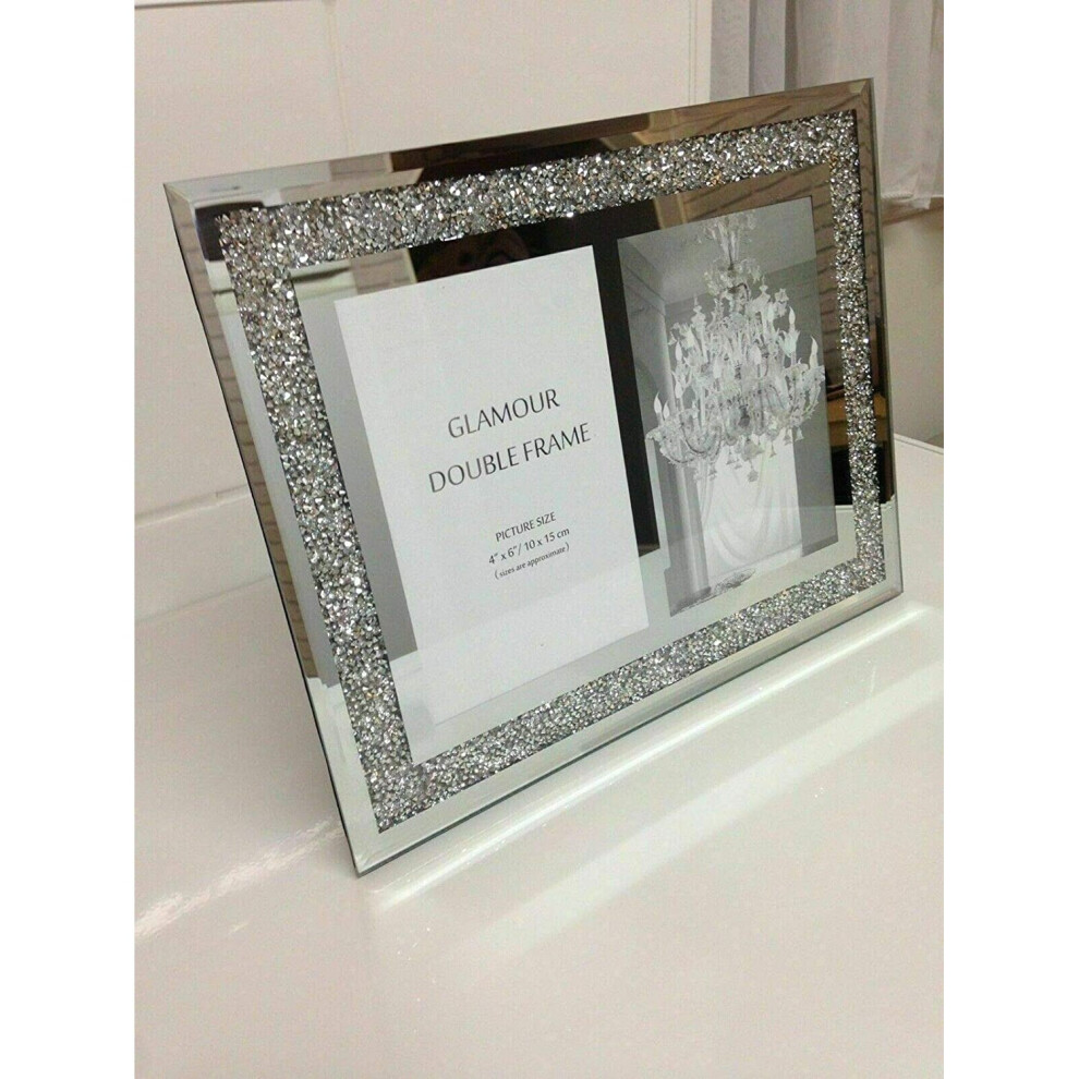 (Double Picture Frame) Crushed crystals photo frame silver mirrored