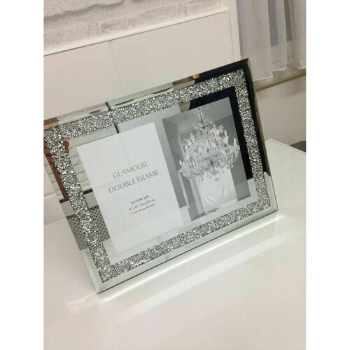 (Double Picture Frame) Crushed crystals photo frame silver mirrored 1
