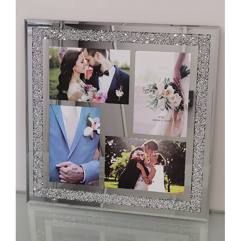 New Biznest (6”X4” Hold 4 Picture) Crushed Crystals Photo Frame Mirrored Silver
